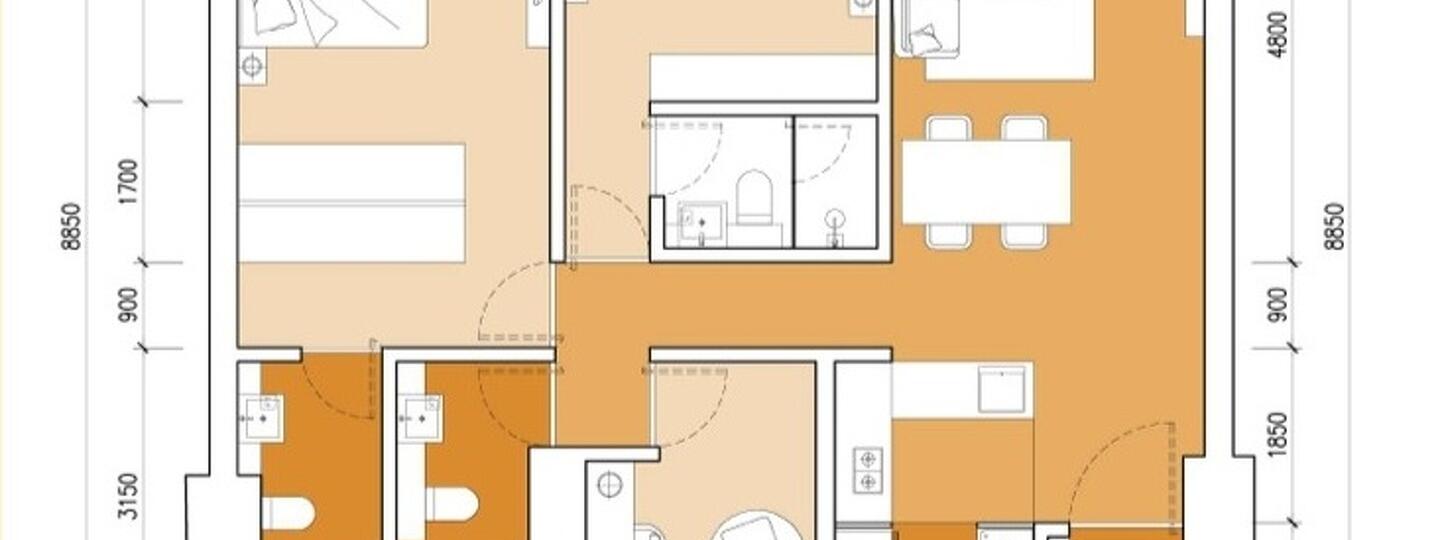 Floor plan: 2-bedroom 2-bathroom unit; features: open-plan kitchen-dining-living, master bedroom with ensuite bathroom, bedroom 2 with shared bathroom, utility room, central foyer, 1 car porch.