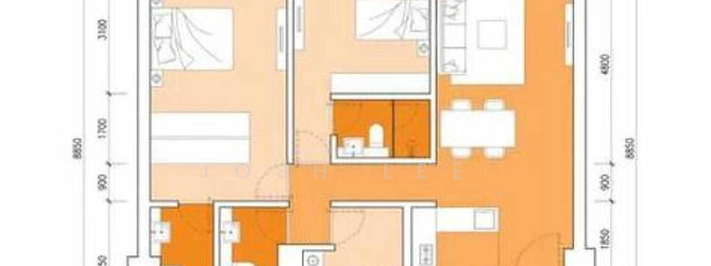 Floor plan: 2-bedroom 2-bathroom unit; features: open-plan kitchen-dining-living, master bedroom with ensuite bathroom, bedroom 2 with shared bathroom, utility room, central foyer, 1 car porch.