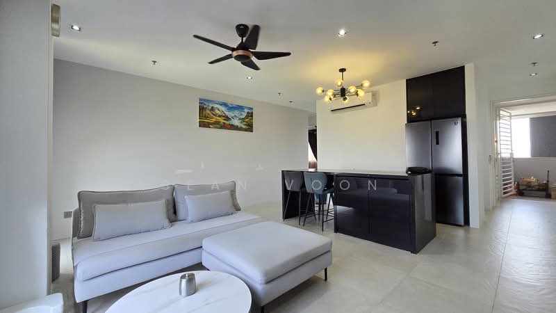Living features: 3-seater fabric sofa in light grey, ottoman, ceiling fan with light, recessed downlights, wall-mounted artwork, tile flooring, open-plan layout, kitchen island with bar stools, black refrigerator, air conditioning unit; style: modern.