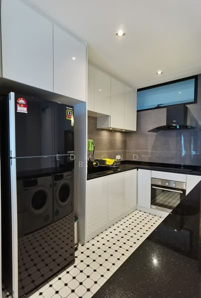 Kitchen features: black granite countertop, white glossy cabinets, built-in oven, stainless-steel range hood, black refrigerator, double-door fridge, black ceramic backsplash, black and white hexagonal tile flooring, washing machine, integrated sink, recessed downlights; style: modern.