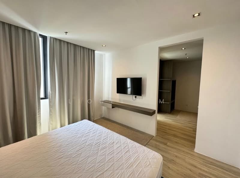 Bedroom features: queen-size bed, floor-to-ceiling windows, sheer curtains, wooden flooring, wall-mounted TV, floating shelf, recessed downlights, built-in wardrobe; style: modern.