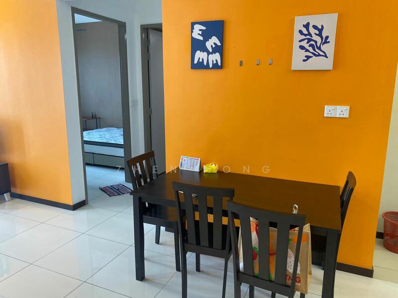 Dining features: black dining table, 4 black dining chairs, orange painted wall, white tiled flooring, decorative wall art, light switch, doorway to another room; style: modern. Room features: bed visible in background, grey wall, doorway leading to hallway.
