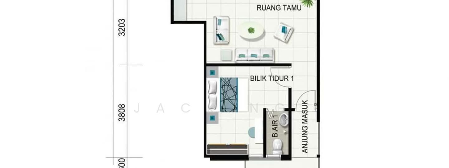 Floor plan: 1-bedroom 1-bathroom unit; features: open-plan kitchen-dining-living, master bedroom with ensuite bathroom, utility room, central foyer.