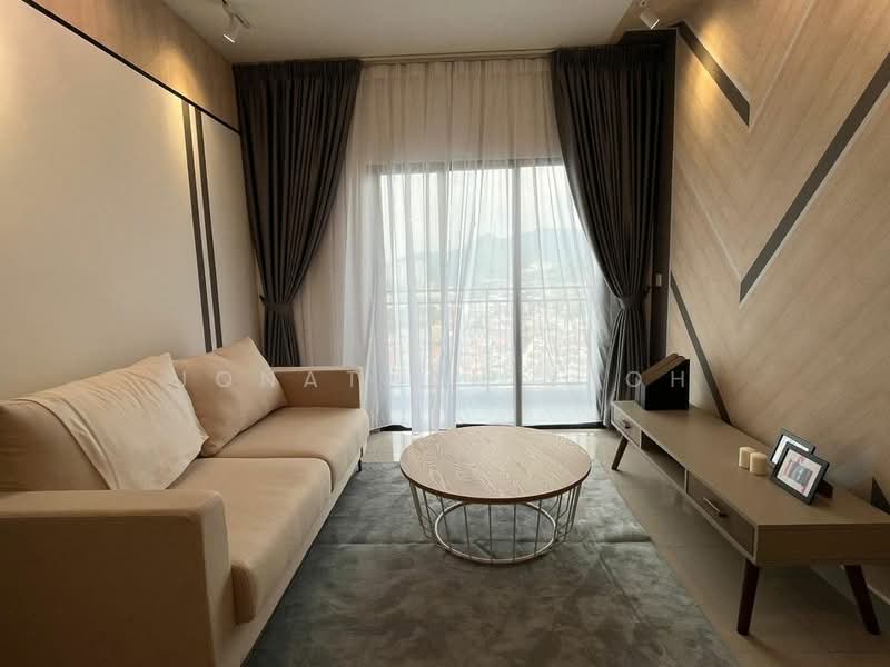 Living features: beige fabric sofa, round coffee table with metal base, light grey area rug, floor-to-ceiling windows, sheer curtains, blackout curtains, wood panel accent wall, TV console with drawers, decorative photo frames, mountain view; style: modern; view: mountain.