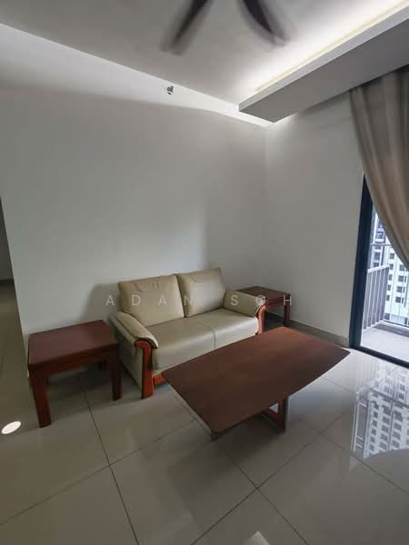 Living features: beige leather sofa, wooden coffee table, wooden side tables, white painted walls, glossy tile flooring, floor-to-ceiling windows, curtains, ceiling fan; style: modern; view: city.