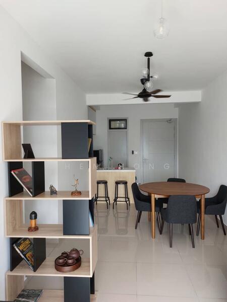 Dining features: round wooden dining table, 4 upholstered dining chairs in black, pendant light fixture, ceiling fan, open shelving unit, white painted walls, glossy tile flooring; style: modern. Room features: kitchen counter with bar stools, refrigerator, wall-mounted cabinets, doorway leading to hallway.