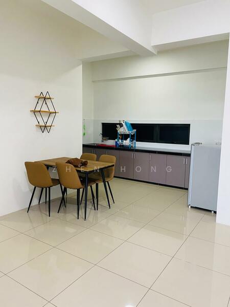 Dining features: 4-seater dining table, brown upholstered dining chairs, white walls, glossy beige tile flooring, built-in cabinetry with grey finish, 3-panel windows, refrigerator, decorative wall shelf with geometric design; style: modern.