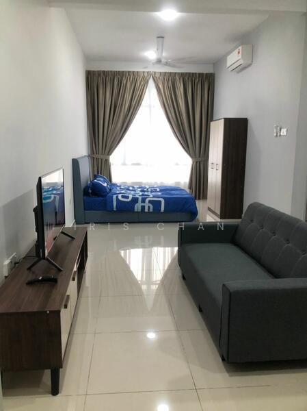 Living features: grey fabric sofa, wooden TV console, wall-mounted TV, large window with sheer curtains, recessed ceiling lights, polished tile flooring, air conditioning unit, decorative wall art; style: modern. Bedroom features: queen-size bed with blue bedding, wooden wardrobe, large window with sheer curtains, recessed ceiling lights, polished tile flooring, air conditioning unit; style: modern.