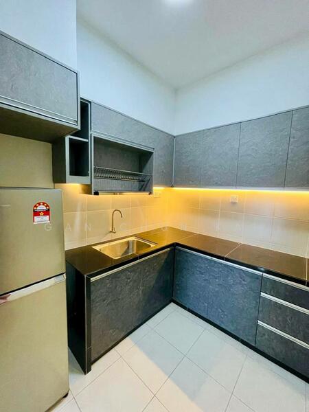 Kitchen features: single-bowl stainless-steel sink, chrome pull-down faucet, black granite countertop, grey cabinetry, open shelving, built-in oven, stainless-steel fridge, white tiled backsplash, recessed LED downlights, white tiled flooring; style: modern.