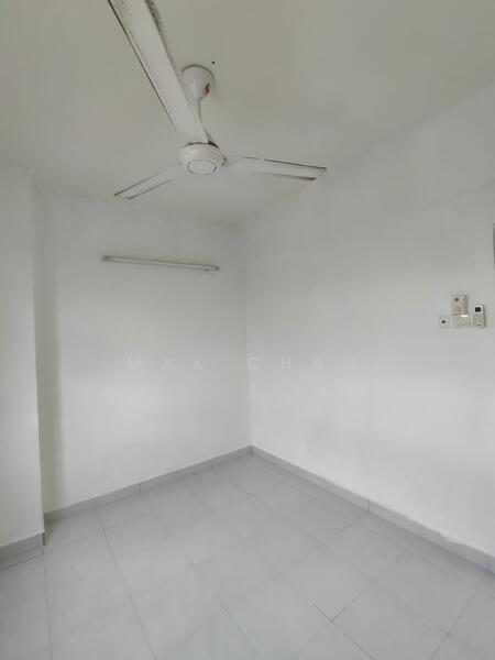 Room features: white painted walls, grey tiled flooring, ceiling fan, light fixture, power outlets, wall-mounted light fixture; style: minimalist.