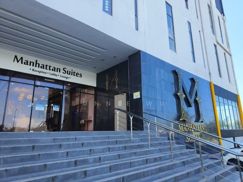 Exterior type: serviced apartment; features: glass facade, black stone cladding, white painted facade, staircase with handrails, reception area, lobby entrance, illuminated signage, modern architectural design; style: modern.