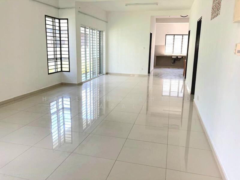 Room features: white painted walls, glossy ceramic tile flooring, large windows with horizontal slats, natural light from windows, open layout, neutral color scheme, high ceiling, no visible furniture; style: modern; view: garden.