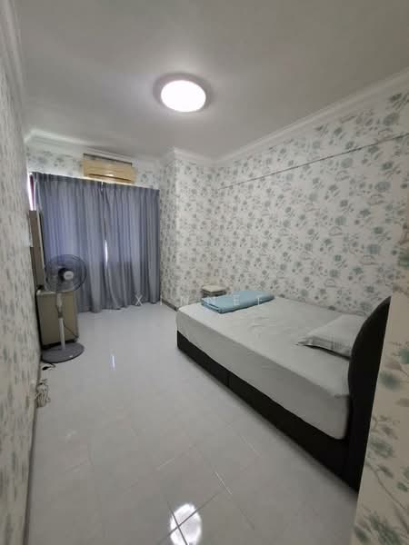 Bedroom features: single bed, upholstered headboard, white bedding, floral wallpaper, white painted walls, white tiled flooring, ceiling light fixture, floor-to-ceiling curtains, window air conditioning unit, standing fan, TV on stand; style: modern.