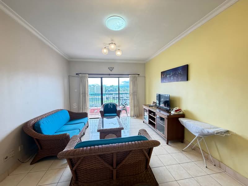 Living features: blue fabric sofa, 2-seater wicker sofa, glass coffee table, TV console, wall-mounted TV, tile flooring, yellow painted walls, white ceiling with chandelier, floor-to-ceiling sliding glass doors, curtains, iron board; style: contemporary; view: city.