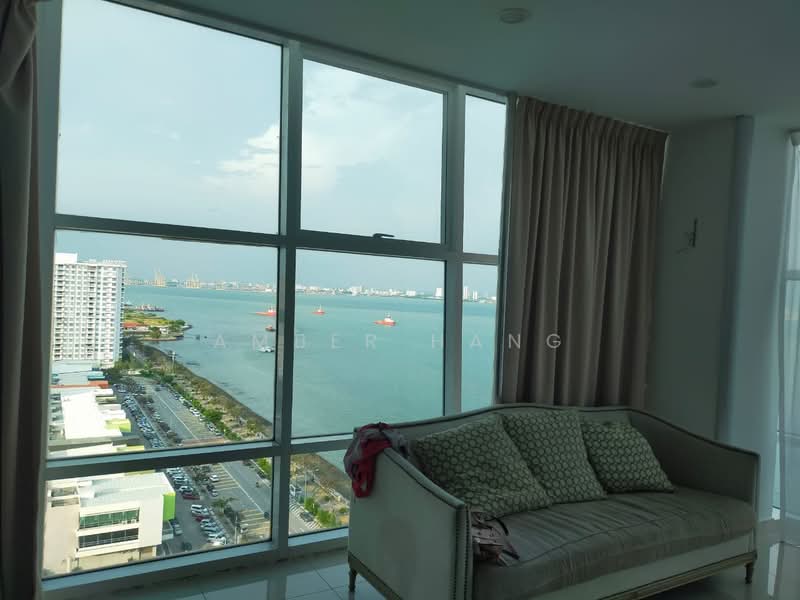 Living features: large floor-to-ceiling windows, sea view, light-colored walls, white tiled flooring, beige fabric sofa, curtains, minimalist decor; style: modern; view: sea.
