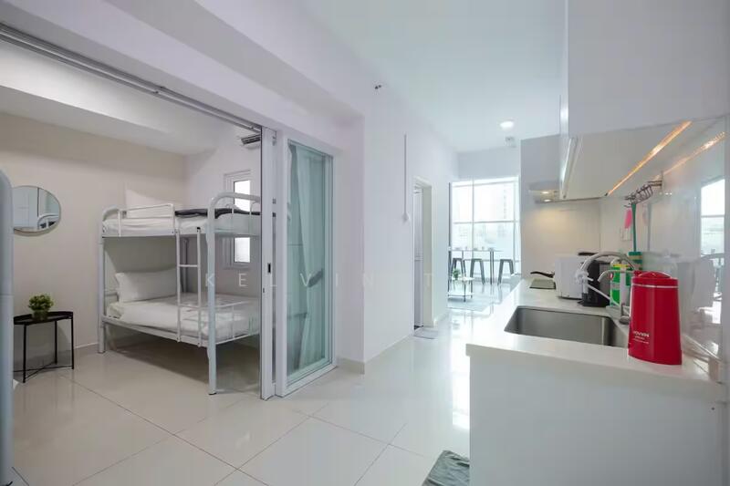 Room features: bunk bed with white bedding, white painted walls, large window with natural light, ceramic tile flooring, kitchenette with white cabinetry, stainless-steel sink, chrome faucet, countertop with bar stools, refrigerator, microwave, small dining table, decorative plant on side table, sliding glass door, open layout; style: modern; view: city.