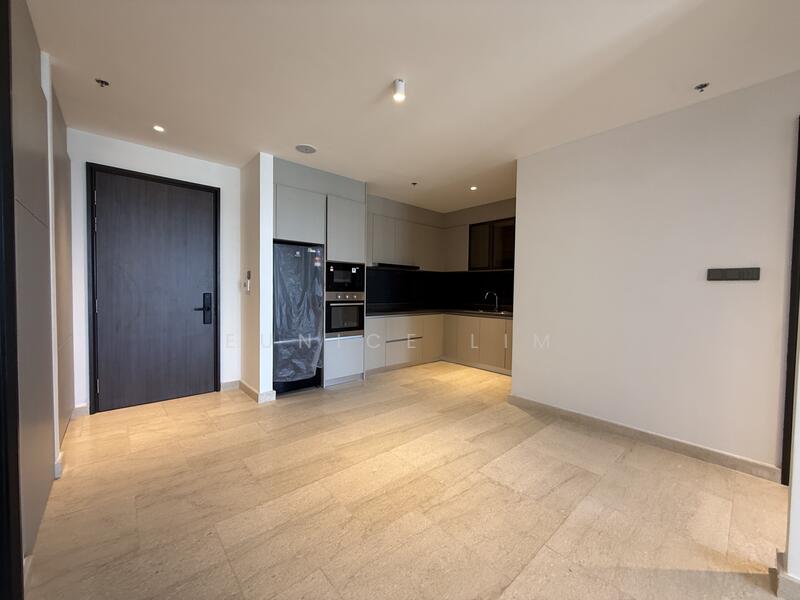 Kitchen features: light grey cabinetry, black countertop, stainless-steel fridge, built-in oven, freestanding range oven, ceramic tile flooring, recessed downlights, single-bowl stainless-steel sink, chrome pull-down faucet, open layout, wall-mounted cabinets, dark backsplash; style: modern. Room features: cream painted walls, light grey tile flooring, door to hallway, open space layout.