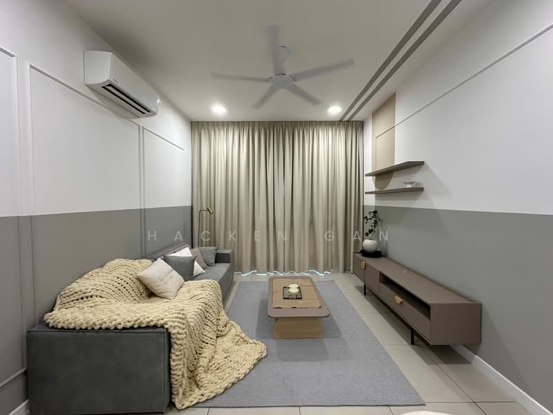 Living features: grey fabric sofa, beige knitted throw blanket, white decorative pillows, light grey area rug, wooden coffee table, wall-mounted TV console, shelf unit, recessed ceiling lights, 5-blade ceiling fan, floor-to-ceiling curtains, cream painted walls, grey accent wall, air conditioning unit; style: modern.
