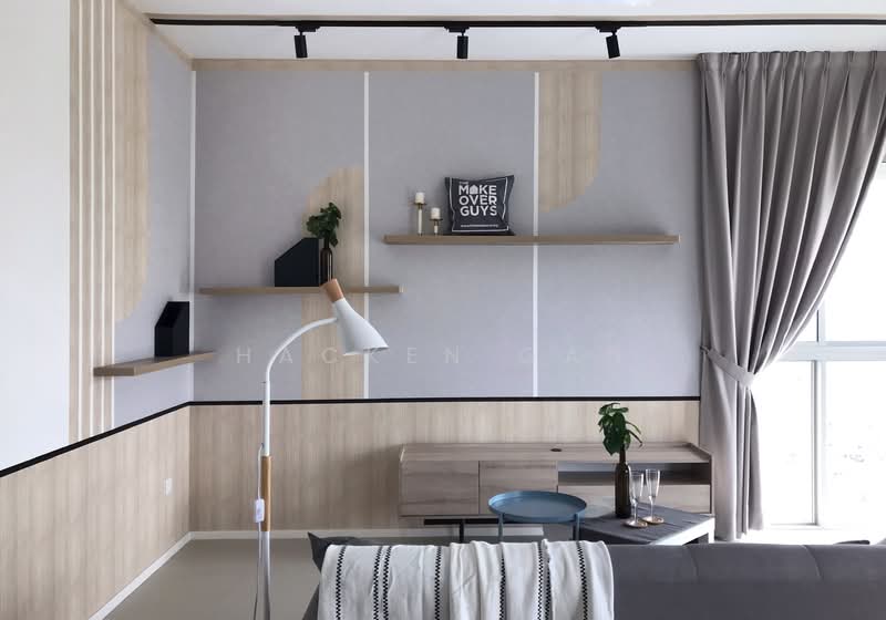 Living features: light grey painted walls, wood panel accent wall, floating shelves, decorative items on shelves, curtains in light grey, large window with natural light, wooden console table, blue round coffee table, indoor plant, decorative wall art; style: modern.