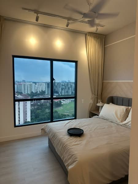 Bedroom features: king-size bed, upholstered headboard, bedside table, floor-to-ceiling window, sheer curtains, recessed downlights, 5-blade ceiling fan, light grey bedding, wooden flooring, decorative wall paneling, view of city skyline; style: modern; view: city.