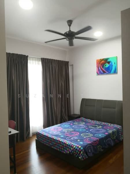 Bedroom features: queen-size bed with patterned bedding, upholstered headboard, wooden flooring, 5-blade ceiling fan with light, floor-to-ceiling window with sheer curtains, dark brown curtains, framed artwork on wall, study desk with chair; style: modern.