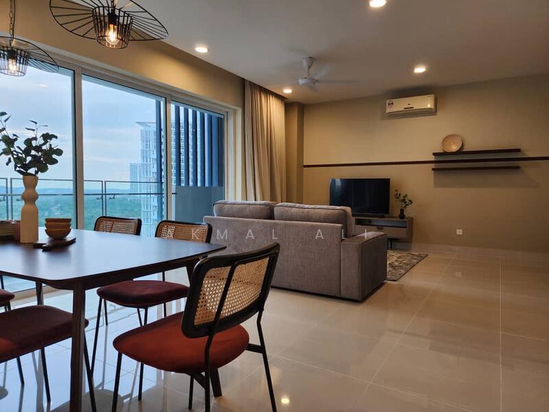Living features: 3-seater fabric sofa in grey, wall-mounted TV, coffee table, area rug, ceiling fan, recessed downlights, large sliding glass door, floor-to-ceiling windows, curtains, decorative wall shelf; style: modern; view: city. Dining features: 6-seater dining table, wooden dining chairs with woven seats, decorative vase on table, pendant lighting above table; style: modern.
