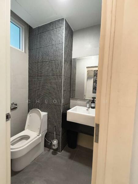 Bathroom features: white toilet, black wall-mounted sink, mirror above sink, grey tile flooring, mosaic tile accent wall, light grey painted walls, window for natural light, toilet paper holder, soap dispenser; style: modern.