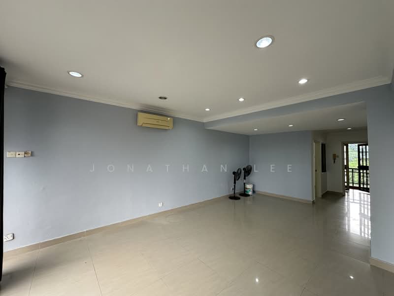 Living features: light grey painted walls, white ceiling with recessed downlights, cream tiled flooring, 1 wall-mounted split AC, 2 standing fans, open layout, sliding glass door to balcony, no visible furniture, neutral decor; style: modern.