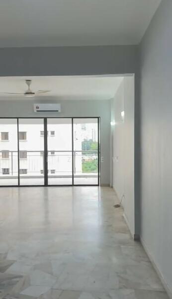 Living features: marble flooring, grey painted walls, 5-blade ceiling fan, wall-mounted split AC, floor-to-ceiling windows, sliding glass door, balcony access, natural light; style: modern; view: city.
