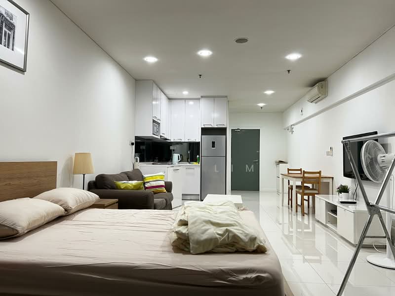 Living features: queen-size bed, upholstered headboard, 2 bedside lamps, sofa in grey fabric, coffee table, TV console, wall-mounted TV, area rug, white painted walls, polished tile flooring, recessed downlights, floor-to-ceiling windows, kitchenette with white cabinetry, stainless-steel fridge, built-in oven, microwave; style: modern.