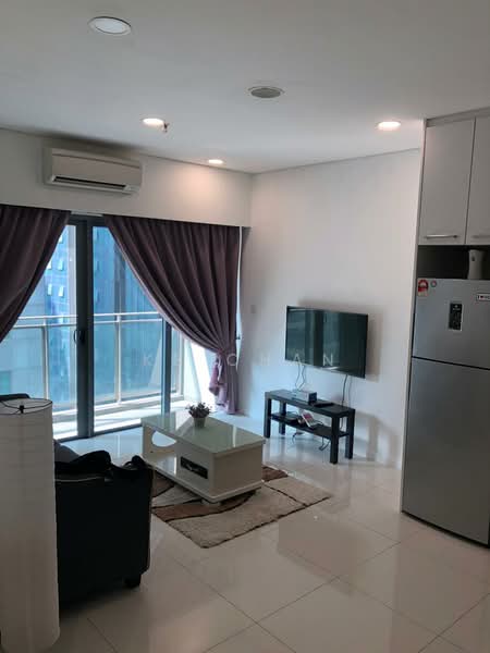 Living features: white painted walls, glossy tile flooring, 5-blade ceiling fan with light, recessed downlights, floor-to-ceiling windows, sliding glass door, purple curtains, black leather sofa, white coffee table, TV console, wall-mounted TV, area rug; style: modern; view: city.