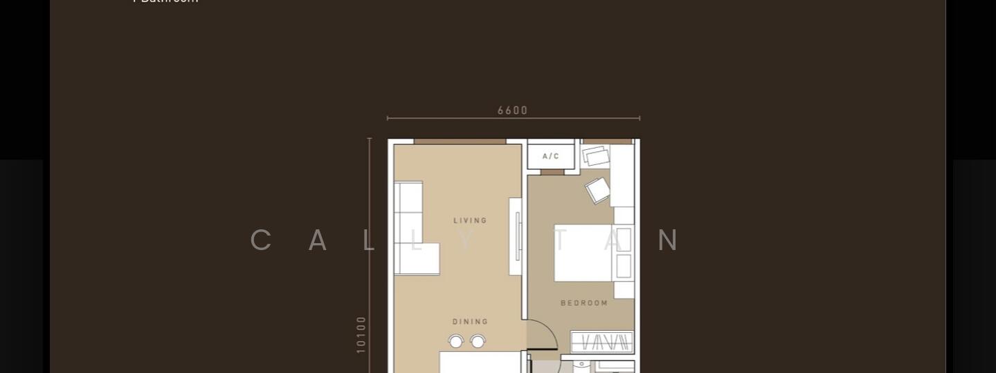 Floor plan: 1-bedroom 1-bathroom unit; features: open-plan kitchen-dining-living, master bedroom with ensuite bathroom, utility room, central foyer.