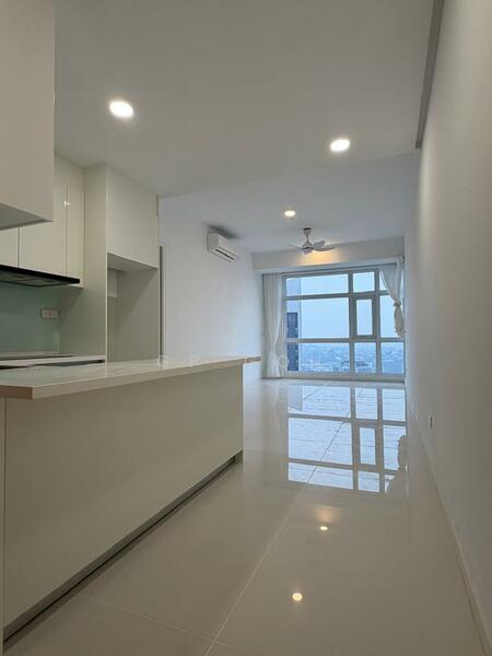 Living features: white painted walls, glossy tile flooring, recessed downlights, 5-blade ceiling fan, floor-to-ceiling windows, sheer curtains, open kitchen layout, kitchen island with countertop, air conditioning unit; style: modern; view: city.