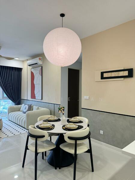 Dining features: round dining table, 4 upholstered dining chairs in white, pendant lamp with round shade, white walls, grey accent wall, floor-to-ceiling windows, curtains in dark blue, decorative artwork on wall, polished tile flooring, small vase with flowers on table; style: modern; view: city. Living features: 3-seater fabric sofa in light color, area rug with geometric pattern, wall-mounted artwork, air conditioning unit, coffee table, decorative cushions; style: modern; view: city.