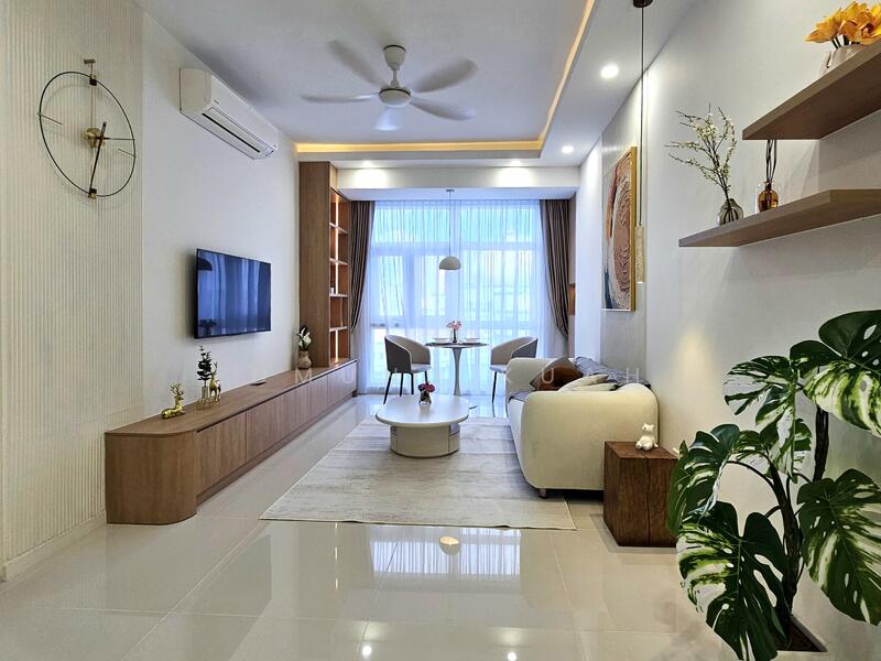Living features: white painted walls, recessed ceiling with LED lighting, 5-blade ceiling fan, large floor-to-ceiling windows, light brown wooden TV console, wall-mounted TV, cream area rug, white fabric sofa, round coffee table, decorative wall clock, floating wooden shelves, houseplants in ceramic pots; style: modern; view: city.