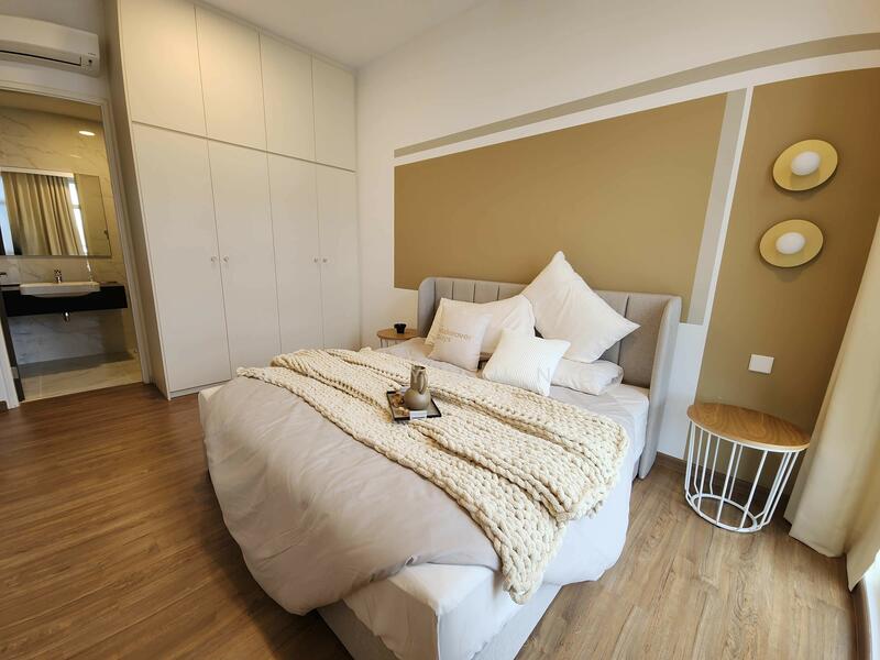 Bedroom features: king-size bed with grey upholstered headboard, white bedding with decorative pillows, knitted throw blanket, wooden bedside table, table lamp, built-in wardrobe with white doors, accent wall in beige, wooden flooring, floor-to-ceiling window with sheer curtains, recessed ceiling lights, decorative wall sconces; style: modern. Bathroom features: vanity with black countertop, mirror above vanity, shower area, white tiled walls, grey floor tiles; style: modern.