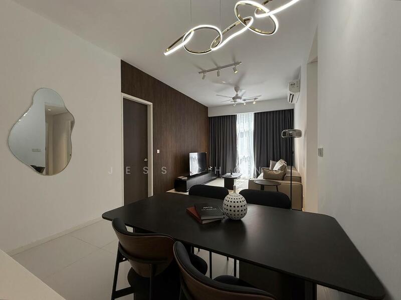 Dining features: black dining table, 4 dining chairs, pendant light fixture, white walls, wood accent wall, floor-to-ceiling windows with sheer curtains, ceiling fan, wall-mounted TV, sofa in beige, decorative mirror, light-colored flooring; style: modern.