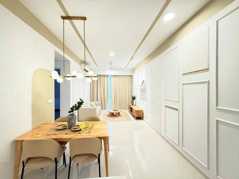 Dining features: wooden dining table, 2 beige dining chairs, pendant light fixture with multiple bulbs, white walls with decorative paneling, glossy tile flooring, large window with sheer curtains, decorative plant on table, neutral color palette; style: modern. Living features: light grey fabric sofa, wooden TV console, area rug, wall-mounted shelves, recessed ceiling lights, ceiling fan, large window with sheer curtains; style: modern.