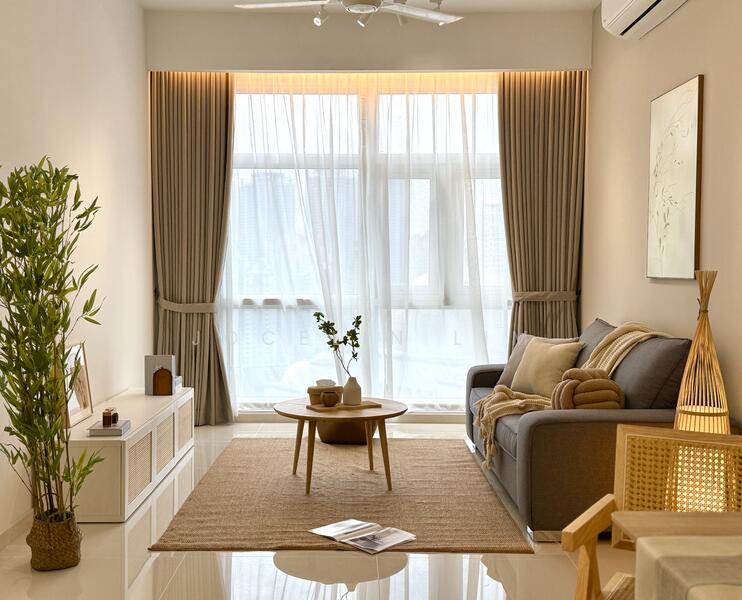 Living features: grey fabric sofa, wooden coffee table, area rug with neutral color, floor-to-ceiling windows, sheer curtains, wooden side table, decorative plant in ceramic pot, wall-mounted air conditioning unit, pendant light, framed artwork on wall, decorative vase; style: modern.