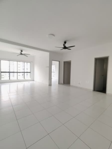 Living features: white painted walls, tile flooring, 2 ceiling fans, floor-to-ceiling windows, natural light, open layout, neutral color scheme, doorway to adjacent room, doorway to hallway; style: modern; view: city.