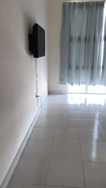 Room features: white painted walls, glossy ceramic tile flooring, floor-to-ceiling window, sheer curtains, wall-mounted TV, visible electrical wiring.