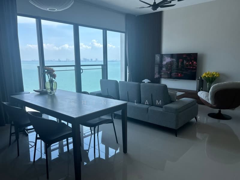 Living features: floor-to-ceiling windows, grey fabric sofa, wall-mounted TV, coffee table, dining table with four chairs, decorative vase with flowers, light-colored walls, recessed downlights, ceiling fan; style: modern; view: sea.