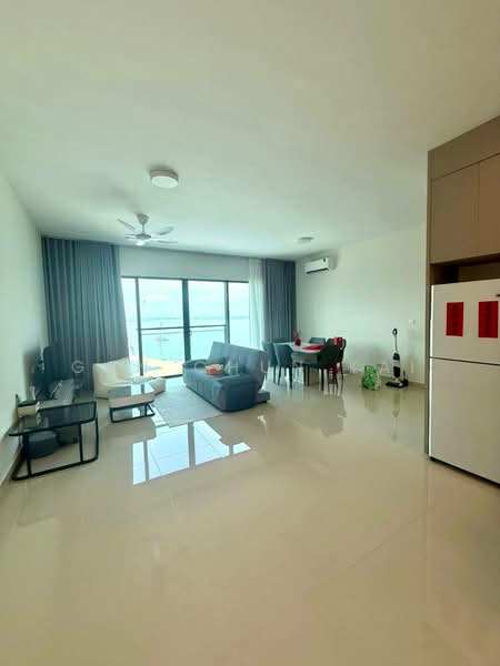 Living features: 3-seater fabric sofa in blue, coffee table, TV console, wall-mounted TV, floor-to-ceiling windows, sliding glass door, curtains, ceiling fan, marble tile flooring, recessed downlights, dining table with chairs, decorative plants; style: modern; view: sea. Kitchen features: stainless-steel fridge, built-in cabinets, countertop, kitchen appliances; style: modern.