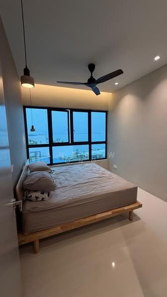Bedroom features: king-size bed, wooden bed frame, 5-blade ceiling fan with light, floor-to-ceiling windows, white painted walls, recessed LED downlights, light fixture with pendant lamp, glossy tile flooring; style: modern; view: city.