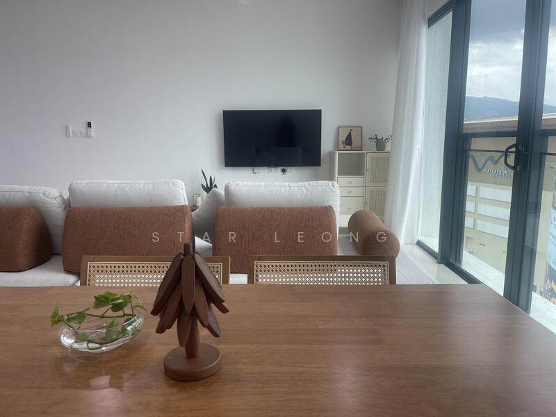 Living features: 3-seater fabric sofa in white, 2-seater fabric sofa in brown, wooden coffee table, wall-mounted TV, floor-to-ceiling windows, sheer curtains, decorative wooden sculpture, indoor plant, light-colored walls, tile flooring; style: modern; view: city.