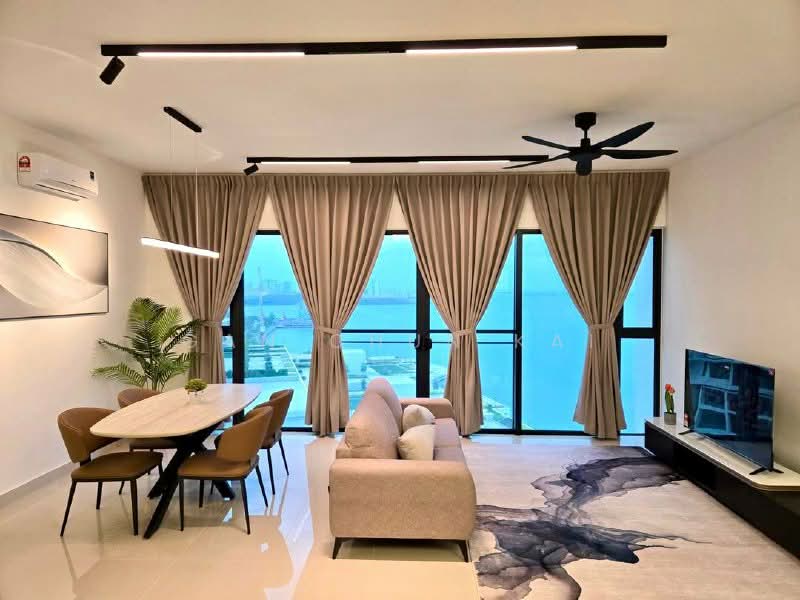 Living features: floor-to-ceiling windows, sheer curtains, 5-blade ceiling fan with light, recessed LED downlights, sofa in light beige fabric, coffee table, TV console, wall-mounted TV, area rug with abstract pattern, dining table for 4 with beige chairs, decorative plant in ceramic pot, decorative wall art; style: modern; view: city.