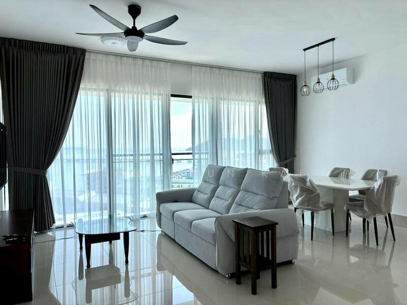 Living features: 3-seater fabric sofa in light grey, white walls, floor-to-ceiling windows, sheer curtains, blackout curtains, ceiling fan with light, polished tile flooring, dining table for 4 with upholstered chairs, wall-mounted air conditioning unit, decorative pendant lights; style: modern; view: sea.