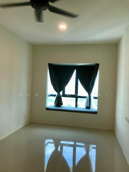 Room features: white painted walls, glossy tile flooring, floor-to-ceiling window, blackout curtains, 5-blade ceiling fan with light.