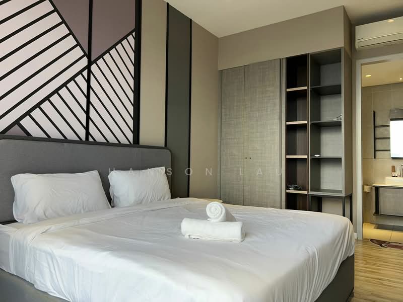 Bedroom features: king-size bed with white bedding, upholstered headboard, decorative wall with geometric pattern, built-in wardrobe with sliding doors, open shelving unit, window with natural light, recessed lighting, air conditioning unit; style: modern.