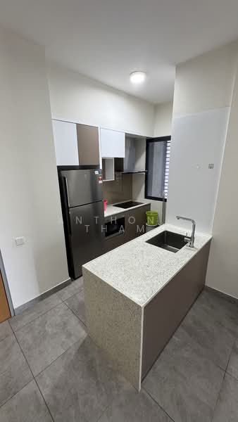 Kitchen features: granite countertop, single-bowl stainless-steel sink, chrome pull-down faucet, built-in kitchen cabinetry, stainless-steel fridge, grey tile flooring, white painted walls, recessed downlights; style: modern.